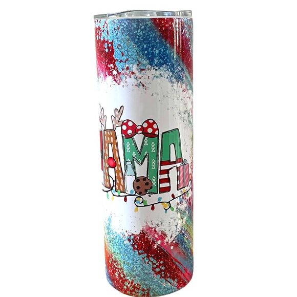 Mama Christmas Red Green Holiday Glitter Look 20 Oz Metal Tumbler w/Lid Straw - Picture 3 of 9
